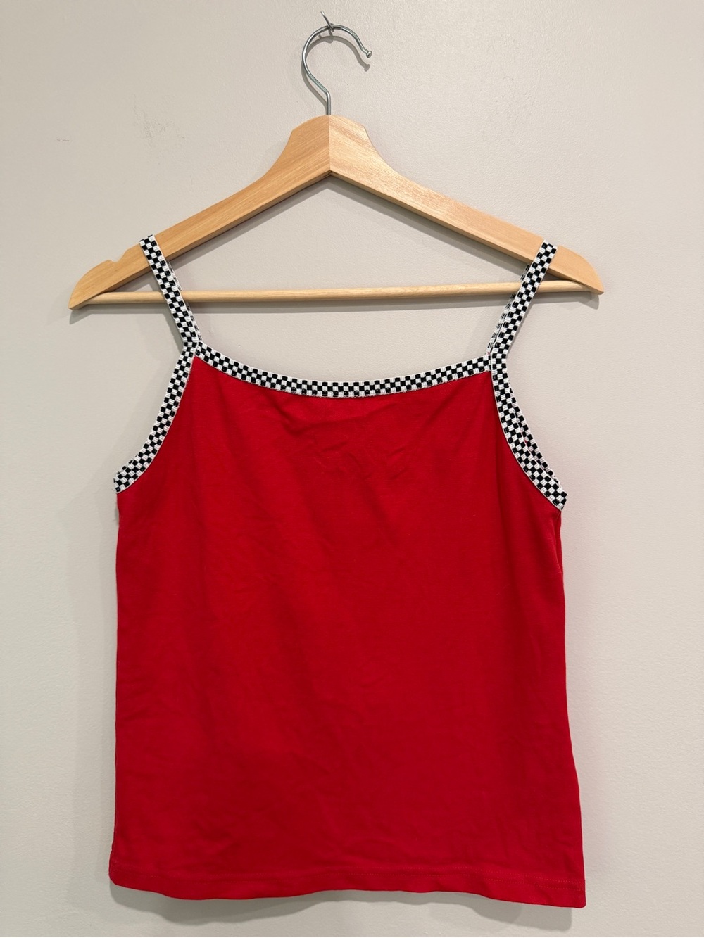Vintage 90s Pace Race Wear Red + Black & White Check Trim Tank Womens L SoCal